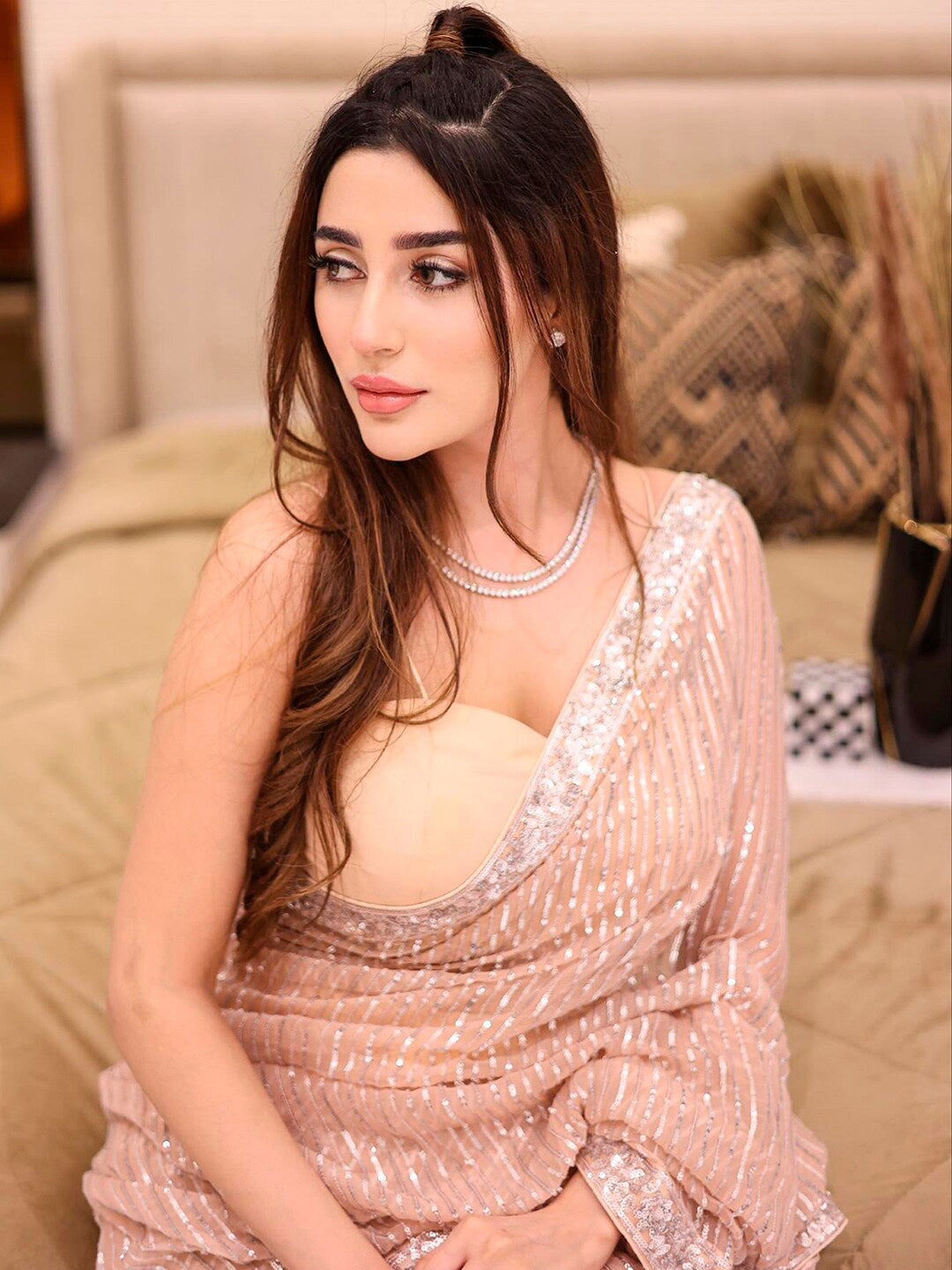Sangria Beige Sequinned Embellished Saree - Distacart