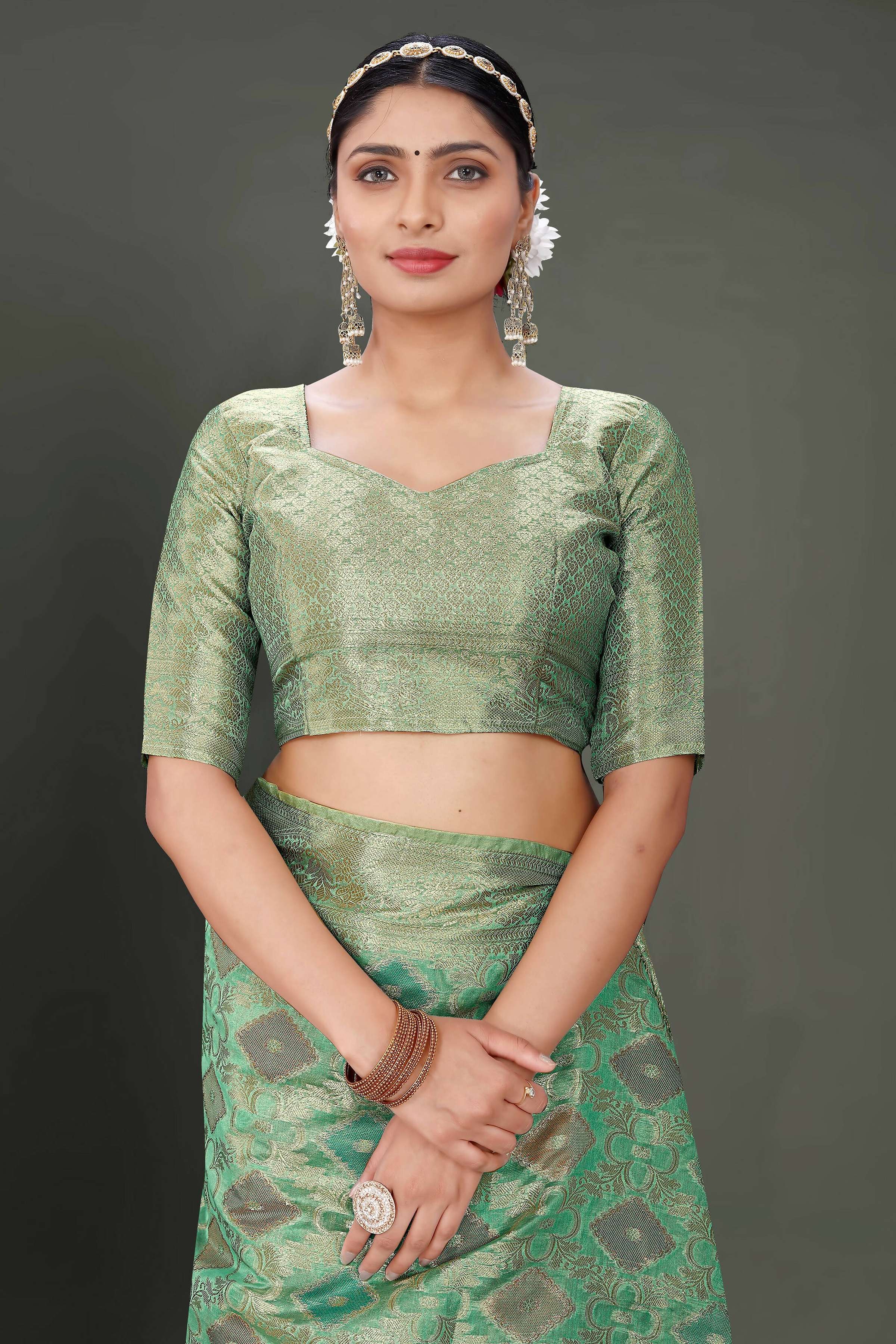 Sea Green Soft Organza Woven Design Saree With Unstitched Blouse Piece - Zaara - Distacart
