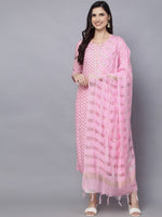 Thumbnail for HERE&NOW Women Pink Floral Printed Kurta with Trousers & With Dupatta - Distacart