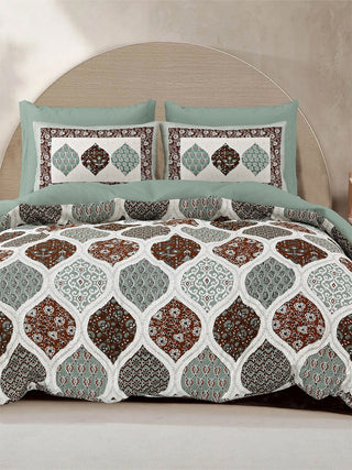 LIVING ROOTS Green & White Ethnic Pure Cotton 300 TC King Bedsheet with 2 Pillow Covers - Distacart