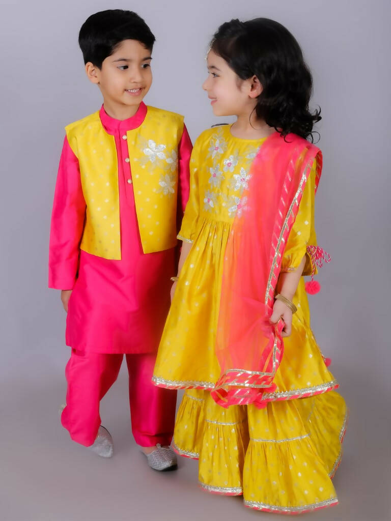 Lil Drama Ethnic Girls Yellow kurta with Sharara and Dupatta set - Distacart