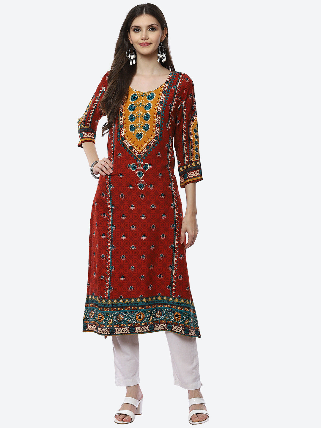 Biba Women Rust Floral Printed Kurta - Distacart