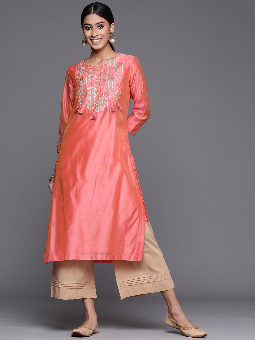 Biba Women Coral Pink & Golden Embroidered Yoke Straight Kurta - Distacart
