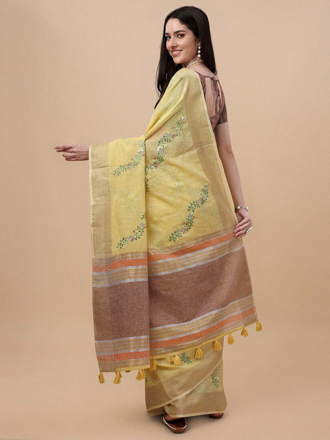 Mitera Floral Zari Pure Linen Saree - Distacart