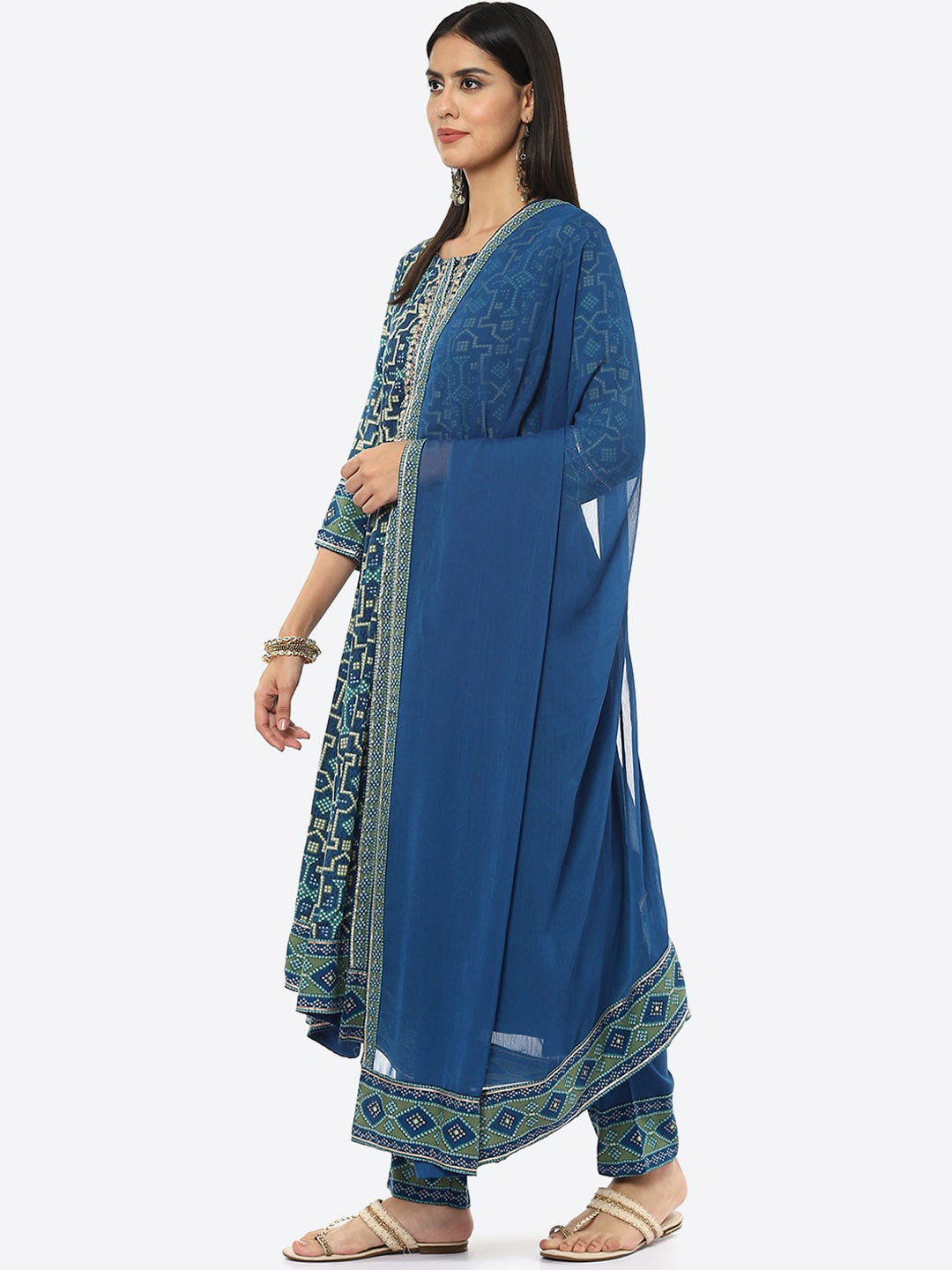 Biba Women Plus size Blue Printed Kurta with Trouser & Dupatta - Distacart