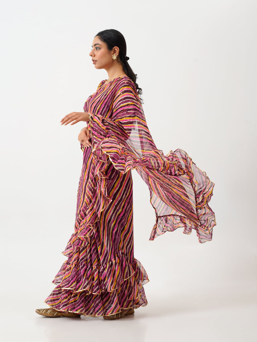 Tikhi Imli Brown Striped Ruffled Ready To Wear Saree - Distacart