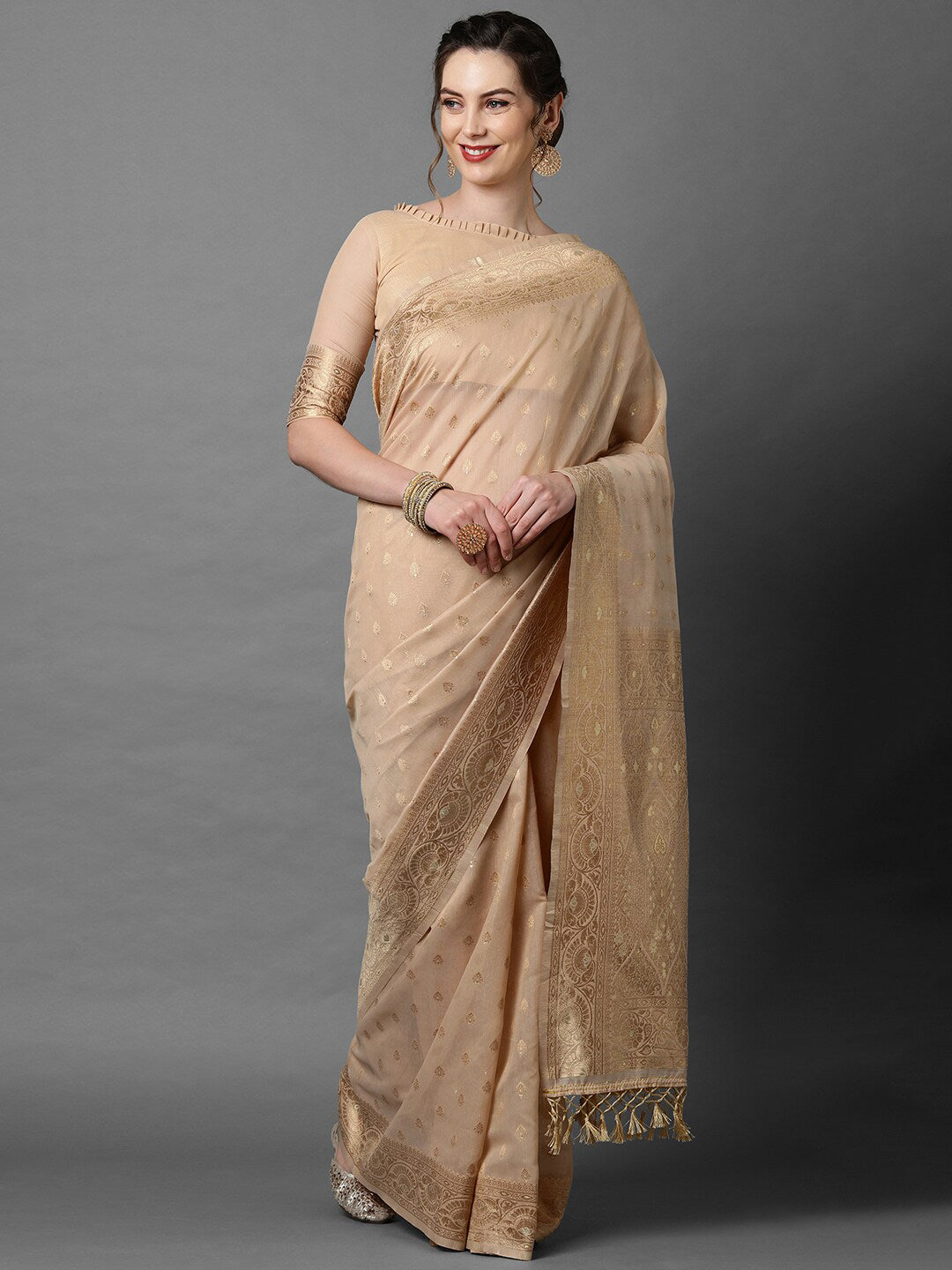 Mitera Cream-Coloured & Gold-Coloured Ethnic Motifs Silk Blend Banarasi Saree - Distacart
