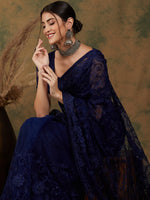 Thumbnail for Sangria Navy Blue Floral Embroidered Net Saree - Distacart