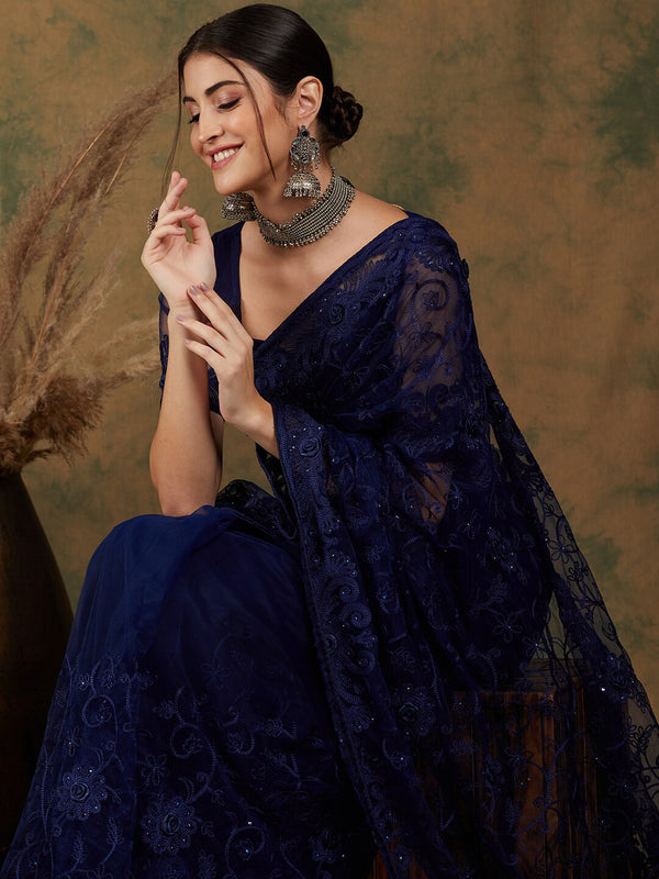 Sangria Navy Blue Floral Embroidered Net Saree - Distacart