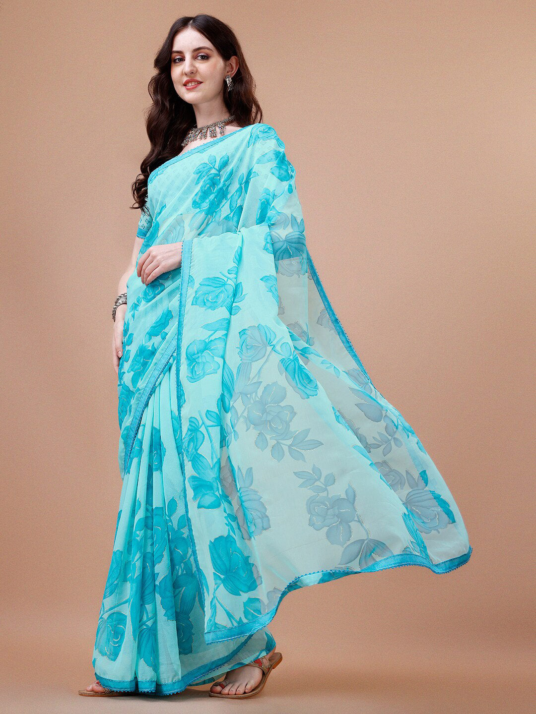 Sangria Turquoise Blue Floral Printed Pure Chiffon Saree - Distacart