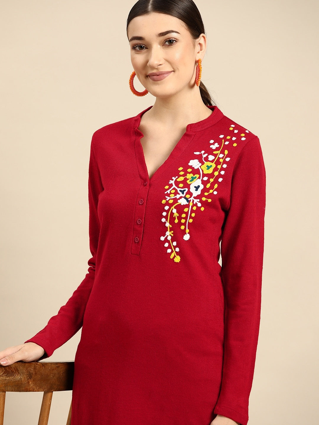 Sangria Women Red & White Floral Winter Straight Kurta - Distacart