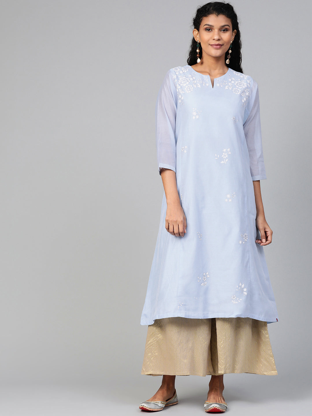 Biba Women Blue & White Floral Panelled Printed A-Line Kurta - Distacart