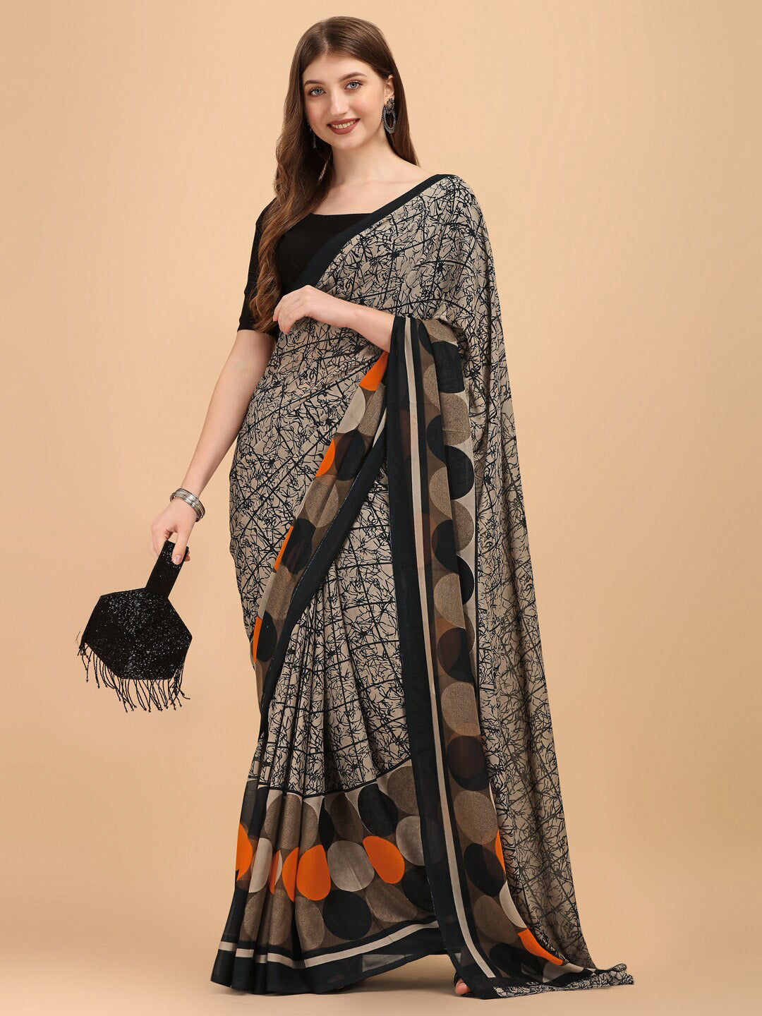 Sangria Black & Beige Pure Georgette Saree - Distacart
