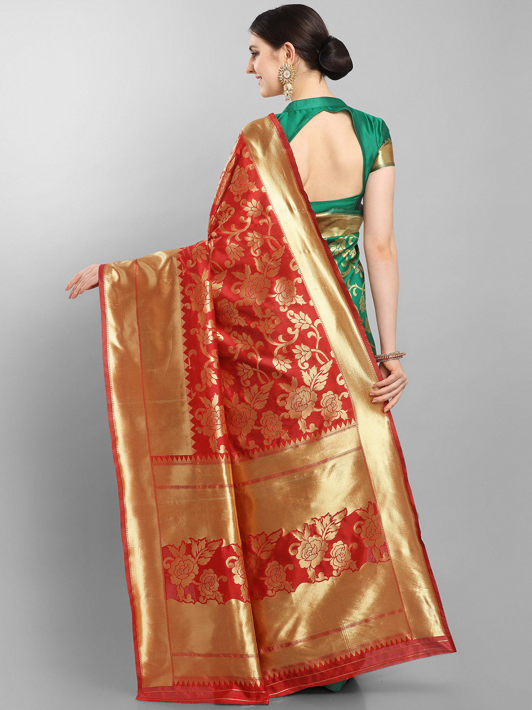 Kalini Red & Green Floral Zari Silk Blend Banarasi Saree - Distacart