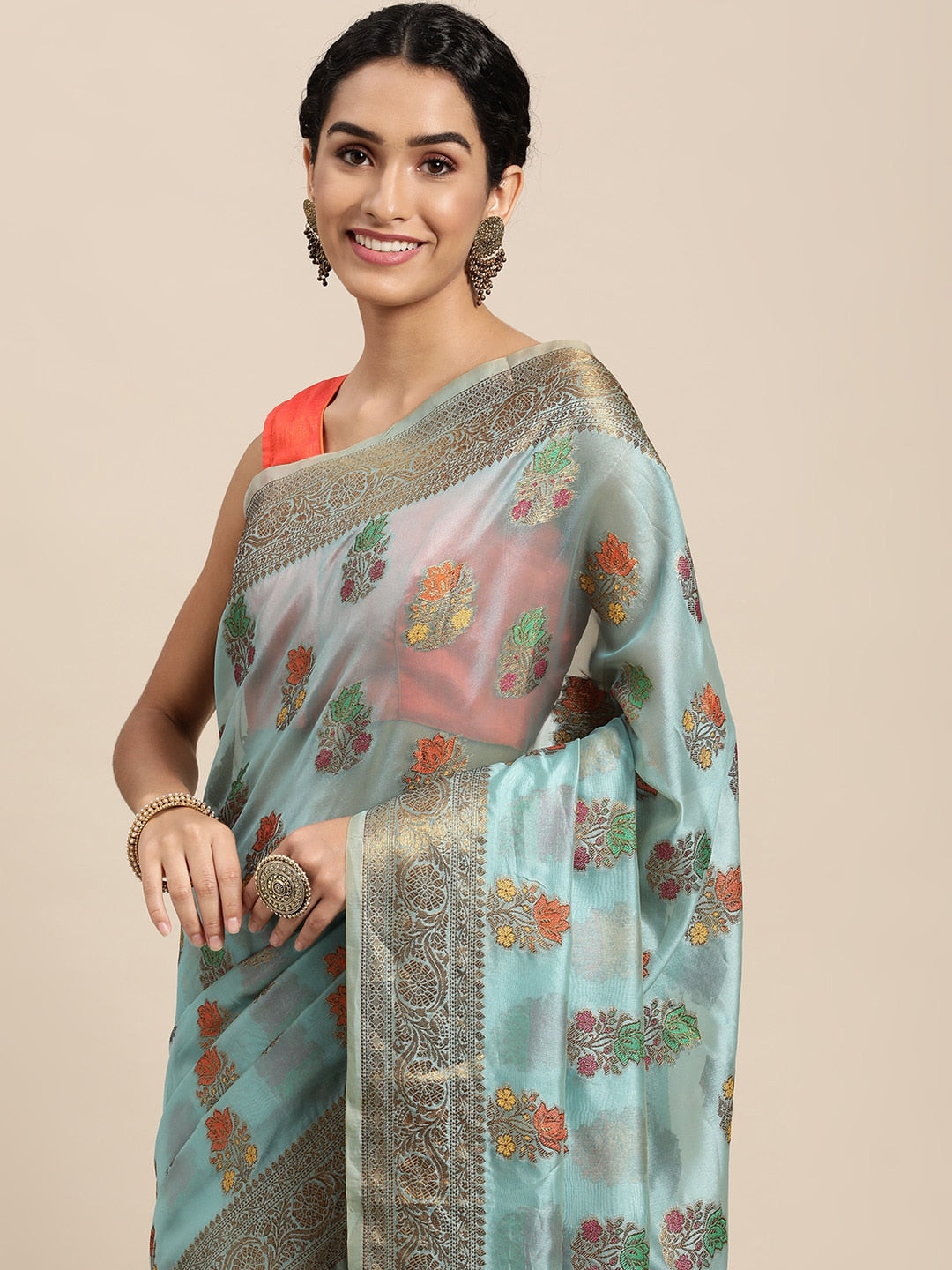 Mitera Blue & Yellow Ethnic Motifs Zari Organza Saree - Distacart