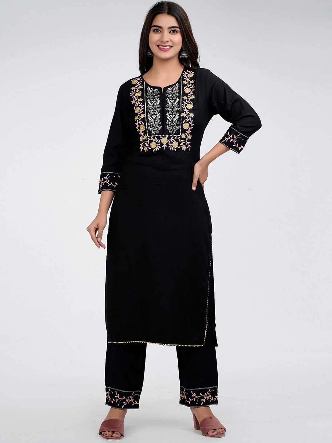 Kalini Floral Yoke Design Thread Work Kurta with Trousers & Dupatta - Distacart