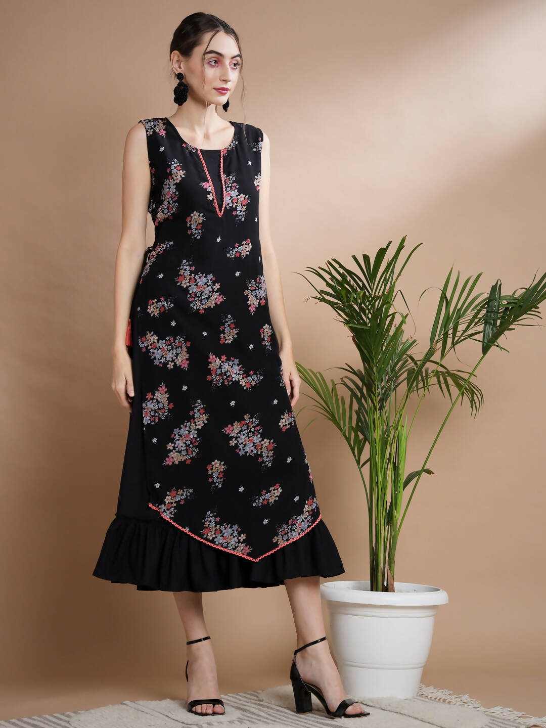 Myshka Women's Black Floral Printed Gown Dress - Distacart