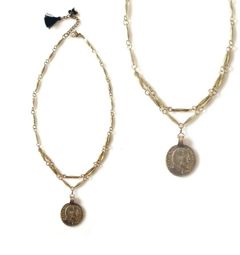Bling Accessories Antique Brass Finish Brass Metal 2 Rows Coin Charm Necklace