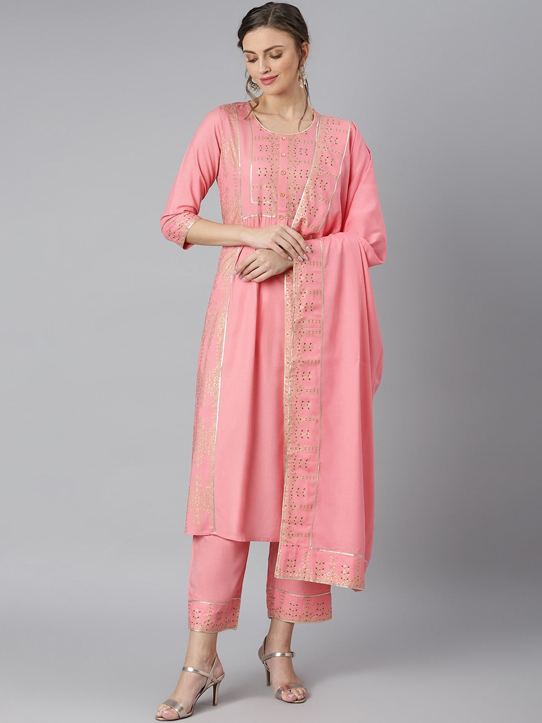 Khushal K Women Pink & Golden Ethnic Motifs Printed Kurta with Trousers & Dupatta - Distacart