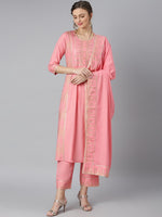 Thumbnail for Khushal K Women Pink & Golden Ethnic Motifs Printed Kurta with Trousers & Dupatta - Distacart