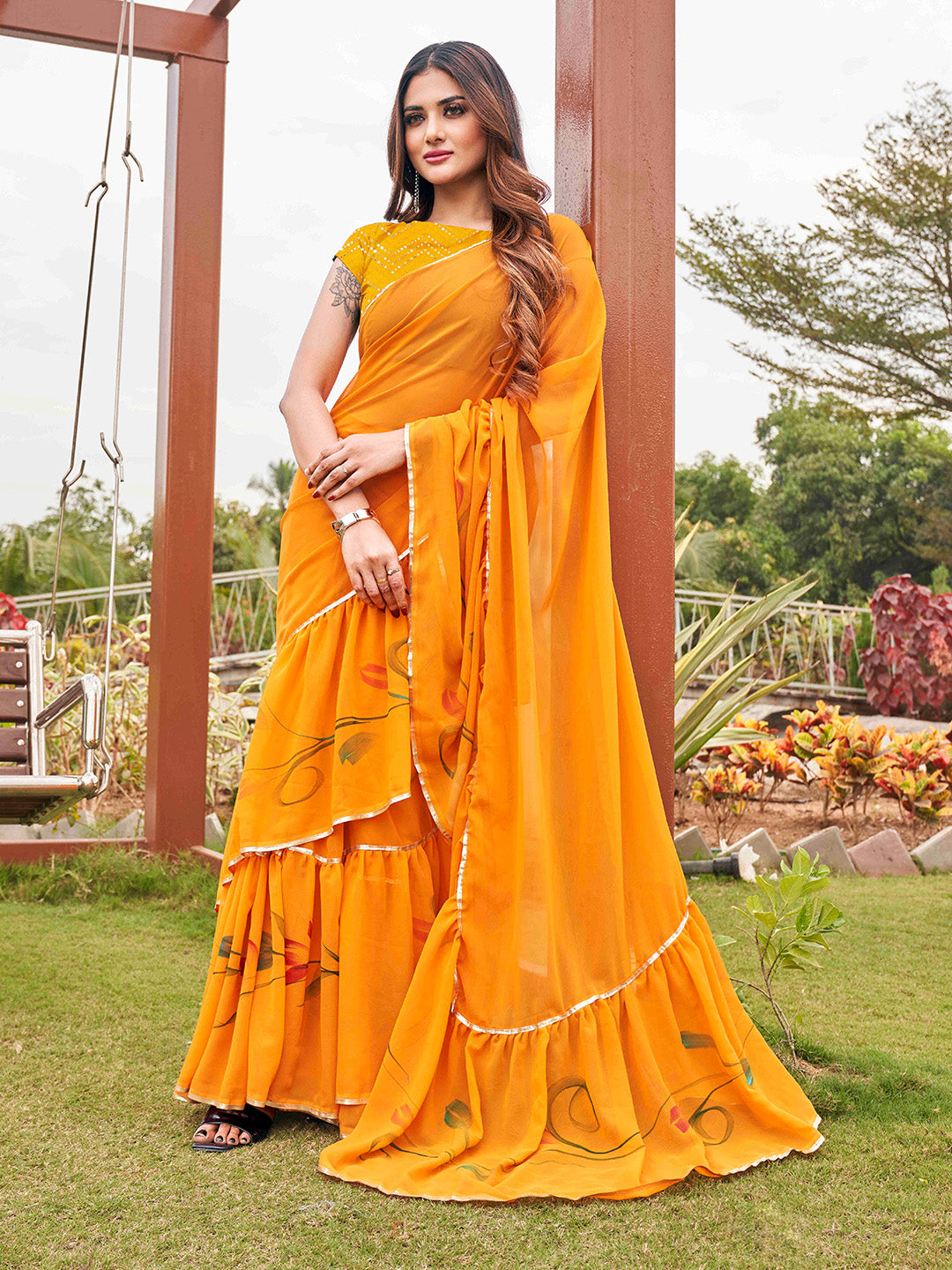 Tikhi Imli Mustard Yellow Gotta Patti Ruffles Saree - Distacart