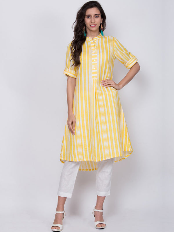 Biba Women Yellow Striped A-Line Kurta - Distacart