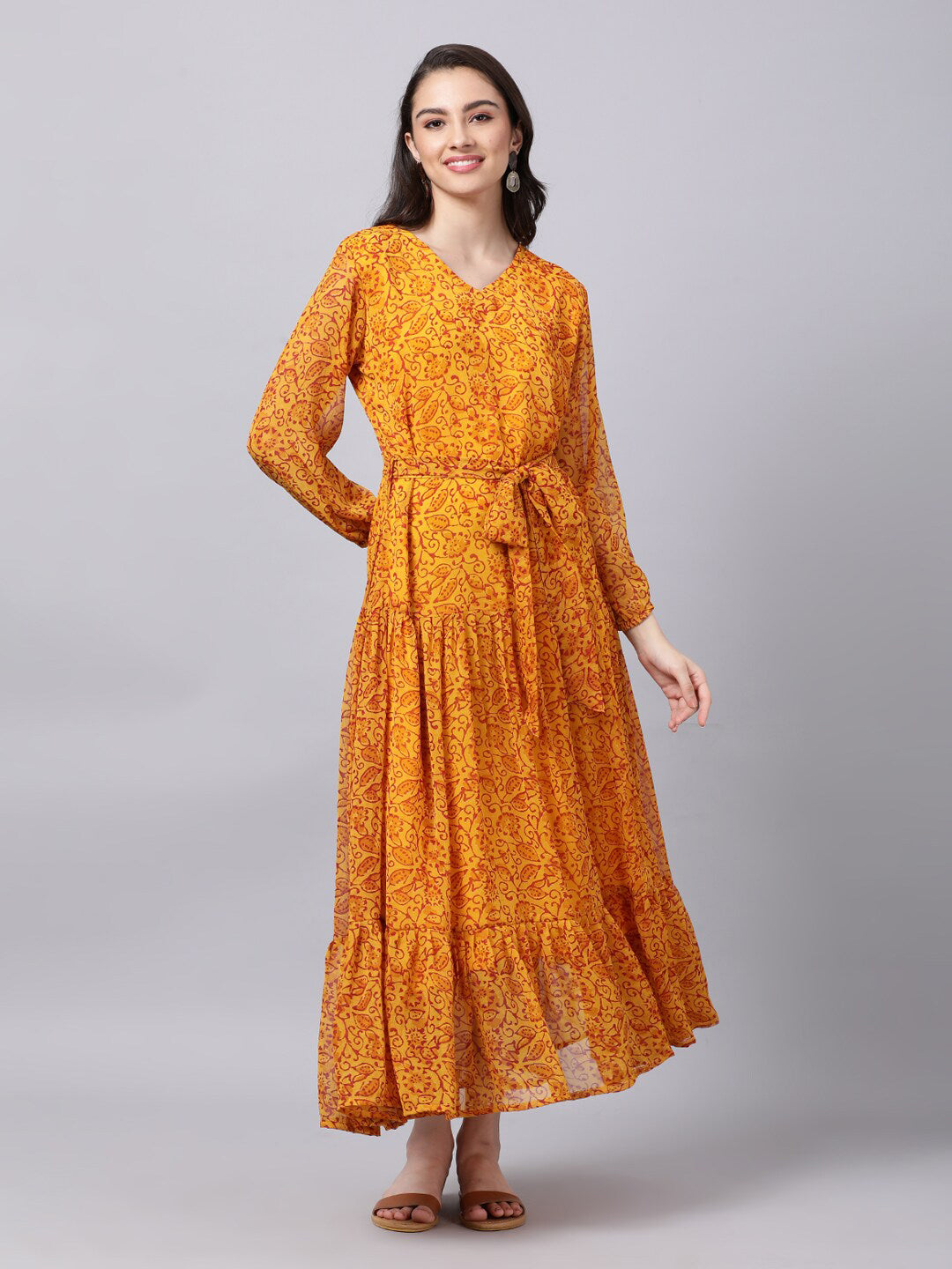 Souchii Yellow Floral Layered Chiffon Maxi Dress - Distacart