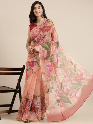 Saree Mall Pink Floral Printed Organza Sarees - Distacart