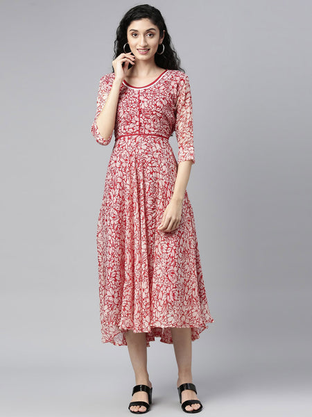 Souchii White & Red Floral Layered Chiffon Beautiful Midi Dress - Distacart