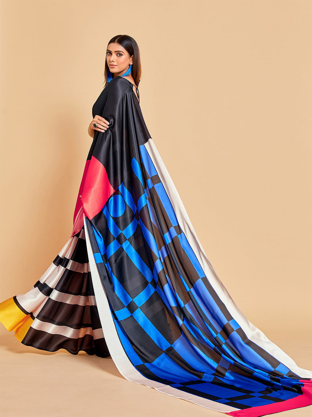 Sangria Blue & Black Striped Satin Ready to Wear Saree - Distacart