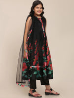 Thumbnail for NOZ2TOZ Black Floral Printed Pleated Kurta with Trousers & With Dupatta For Girls - Distacart