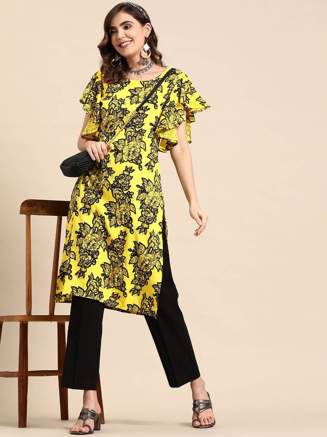 Sangria Floral Print Flutter Sleeves Kurta - Distacart