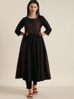 Thumbnail for Sangria Women Black Printed Empire Pure Cotton Kurta with Trousers - Distacart