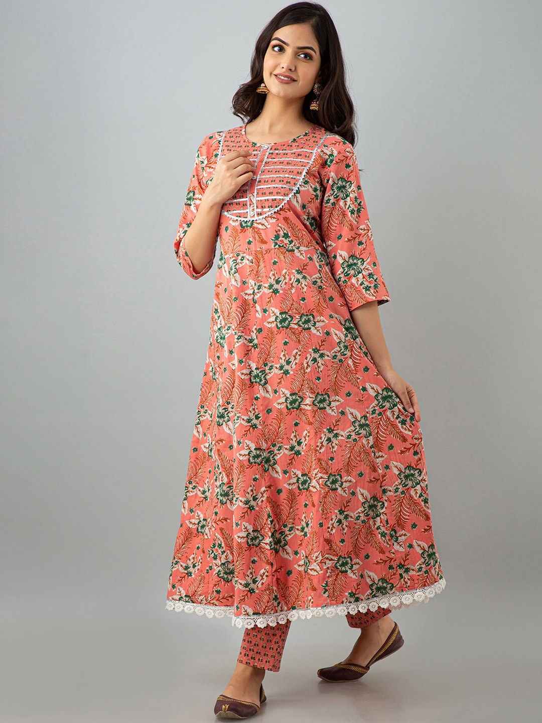 Kalini Women Coral Floral Printed Empire Gotta Patti Pure Cotton Kurta with Trousers & With Dupatta - Distacart