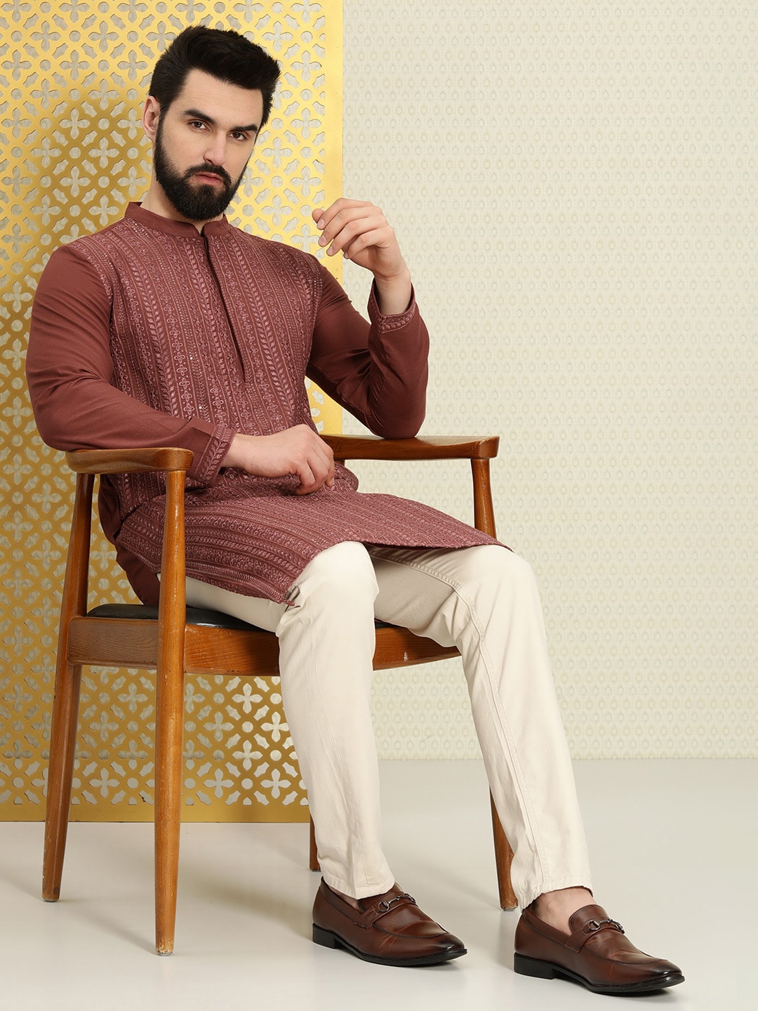 House of Pataudi Men Floral Embroidered Sequined Floral Jashn Kurta - Distacart