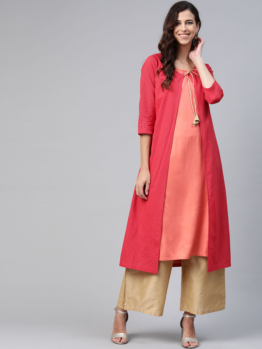 Biba Women Peach & Maroon Solid Kurta With Jacket - Distacart