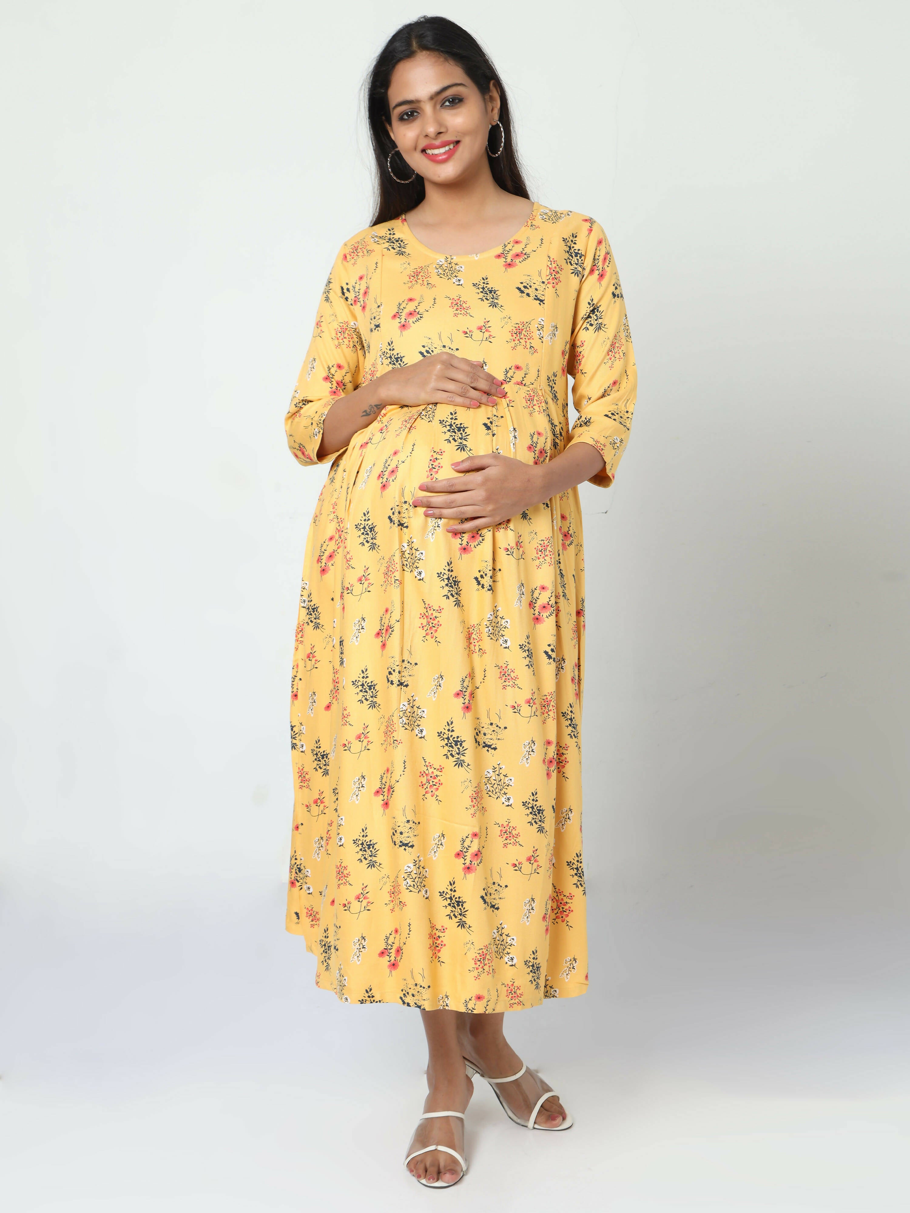 Manet Three Fourth Maternity Dress Floral Print With Concealed Zipper Nursing Access - Yellow - Distacart