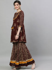 Thumbnail for Ishin Women Brown & Gold-Toned Printed Kurti with Sharara & Dupatta - Distacart