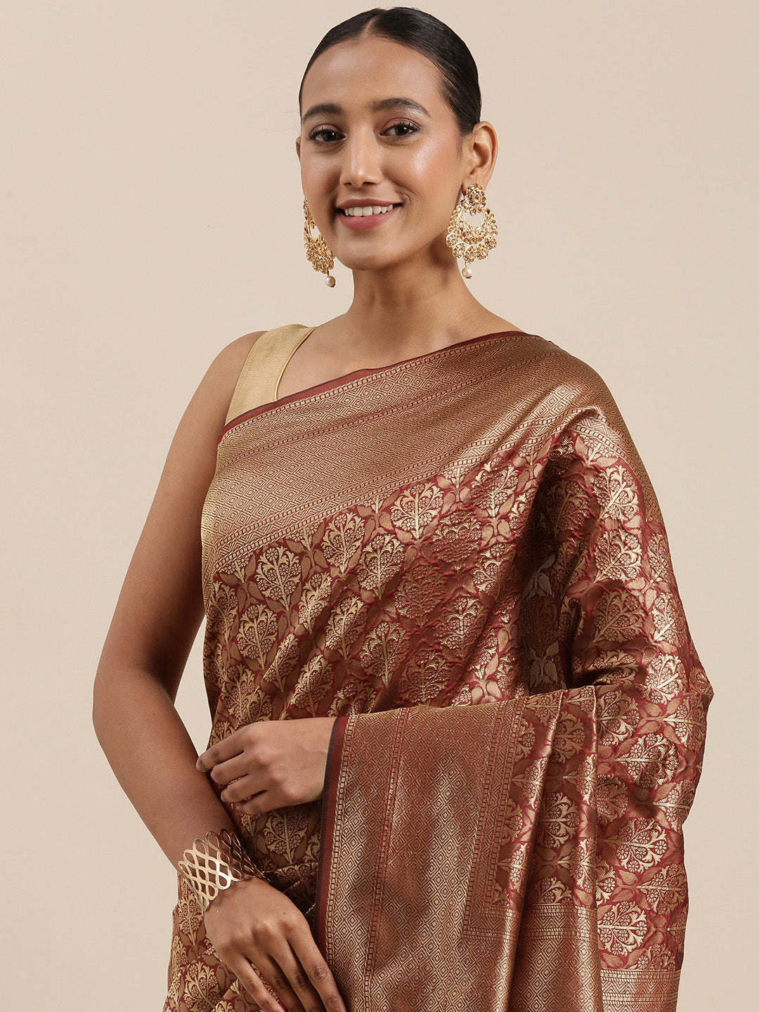 Kalini Maroon & Golden Ethnic Motifs Woven Design Banarasi Saree - Distacart