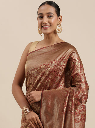 Kalini Maroon & Golden Ethnic Motifs Woven Design Banarasi Saree - Distacart