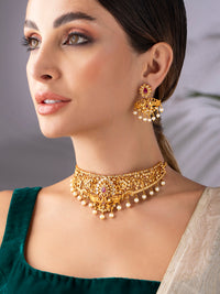 Thumbnail for Rubans 22K Gold-Plated White & Pink Ruby & Stone-Studded Beaded Handcrafted Jewellery Set - Distacart