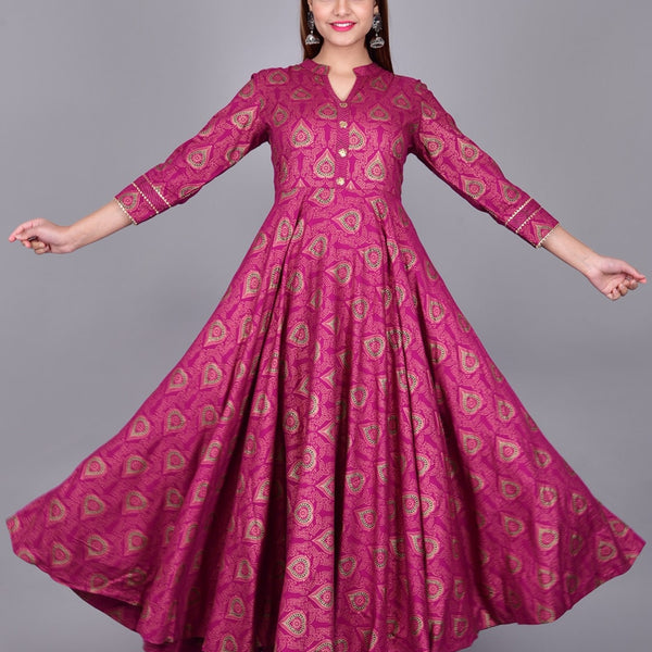 Kalini Women Magenta & Gold-Toned Ethnic Motifs Printed Anarkali Kurta - Distacart