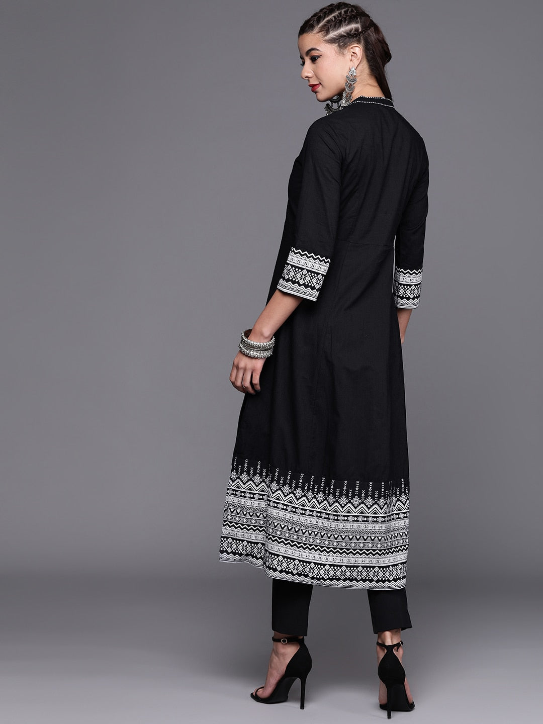 Biba Women Black & White Pure Cotton Solid Kurta With Printed Border - Distacart