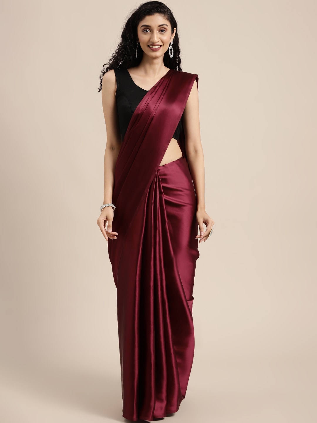Mitera Maroon Solid Satin Saree - Distacart