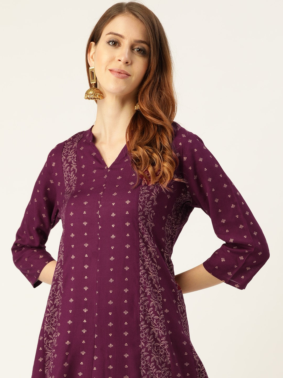 Sangria Women Wine-Coloured & Golden Khari Printed Kurta with Palazzos - Distacart