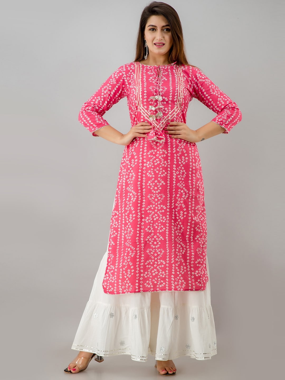 HERE&NOW Pink Bandhani Printed Gotta Patti Regular Kurta with Sharara - Distacart