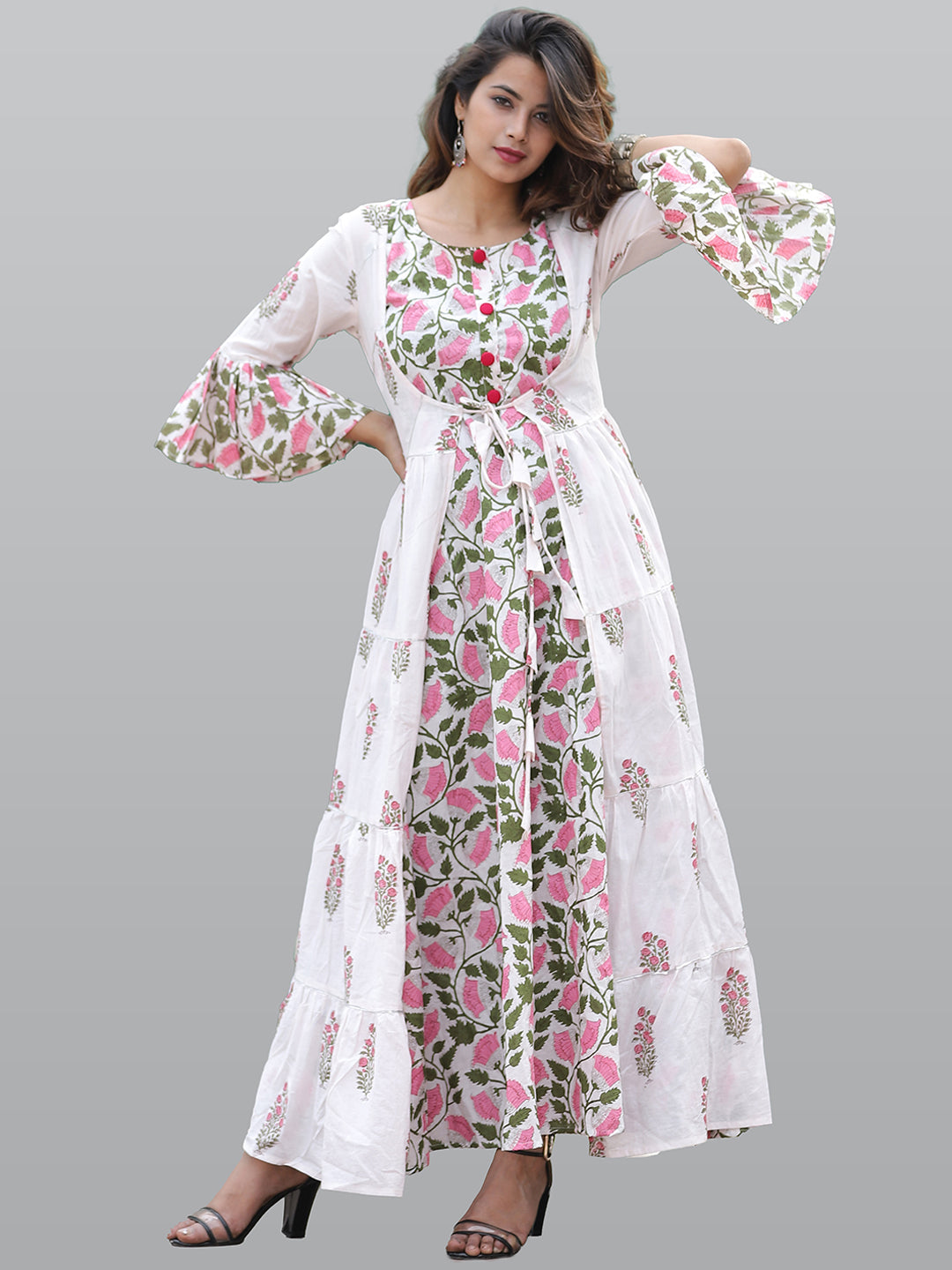Kalini Women White & Pink Floral Printed Flared Sleeves Floral Anarkali Kurta - Distacart