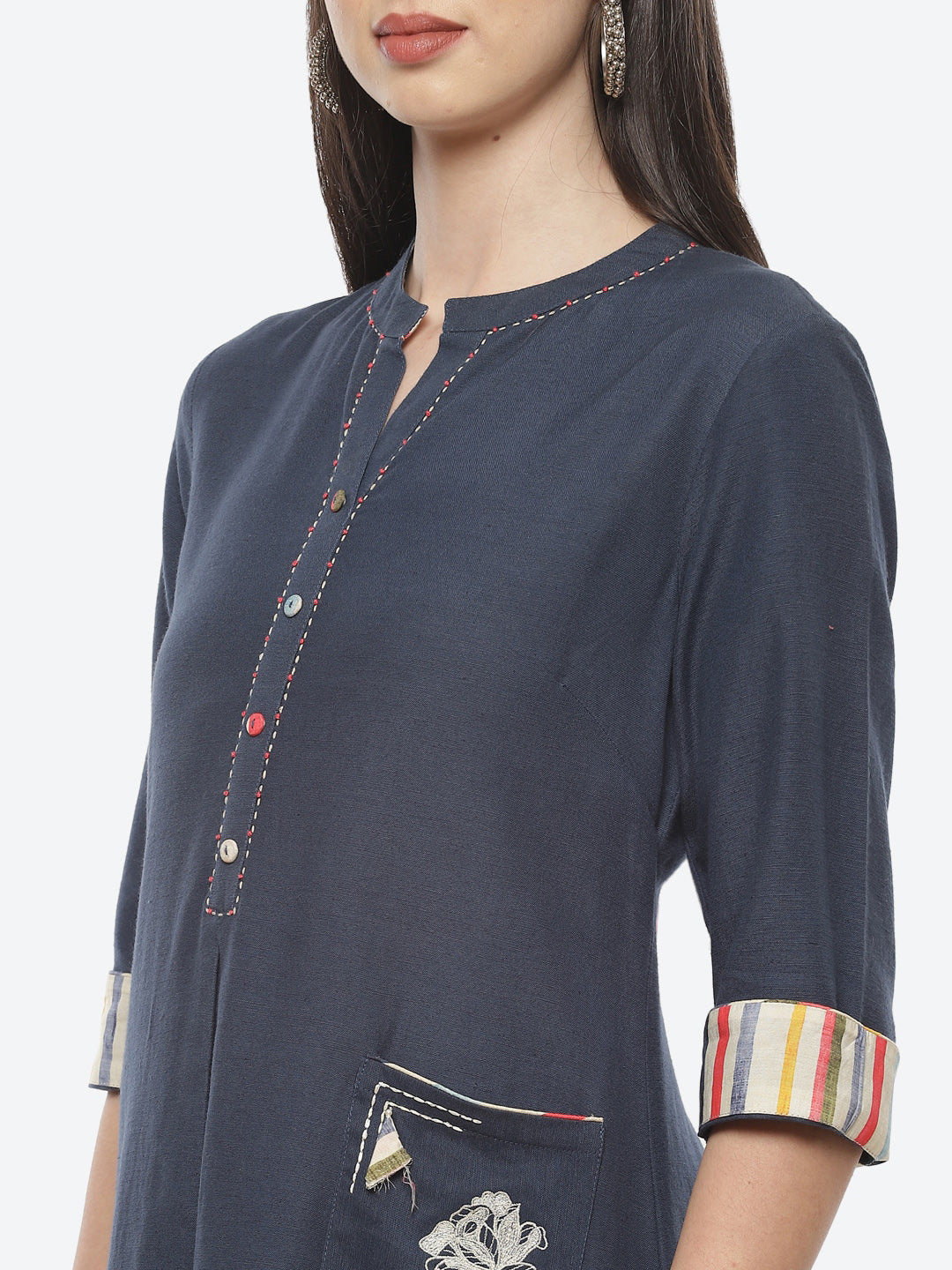 Biba Women Navy Blue & Beige Kurta with Trousers - Distacart