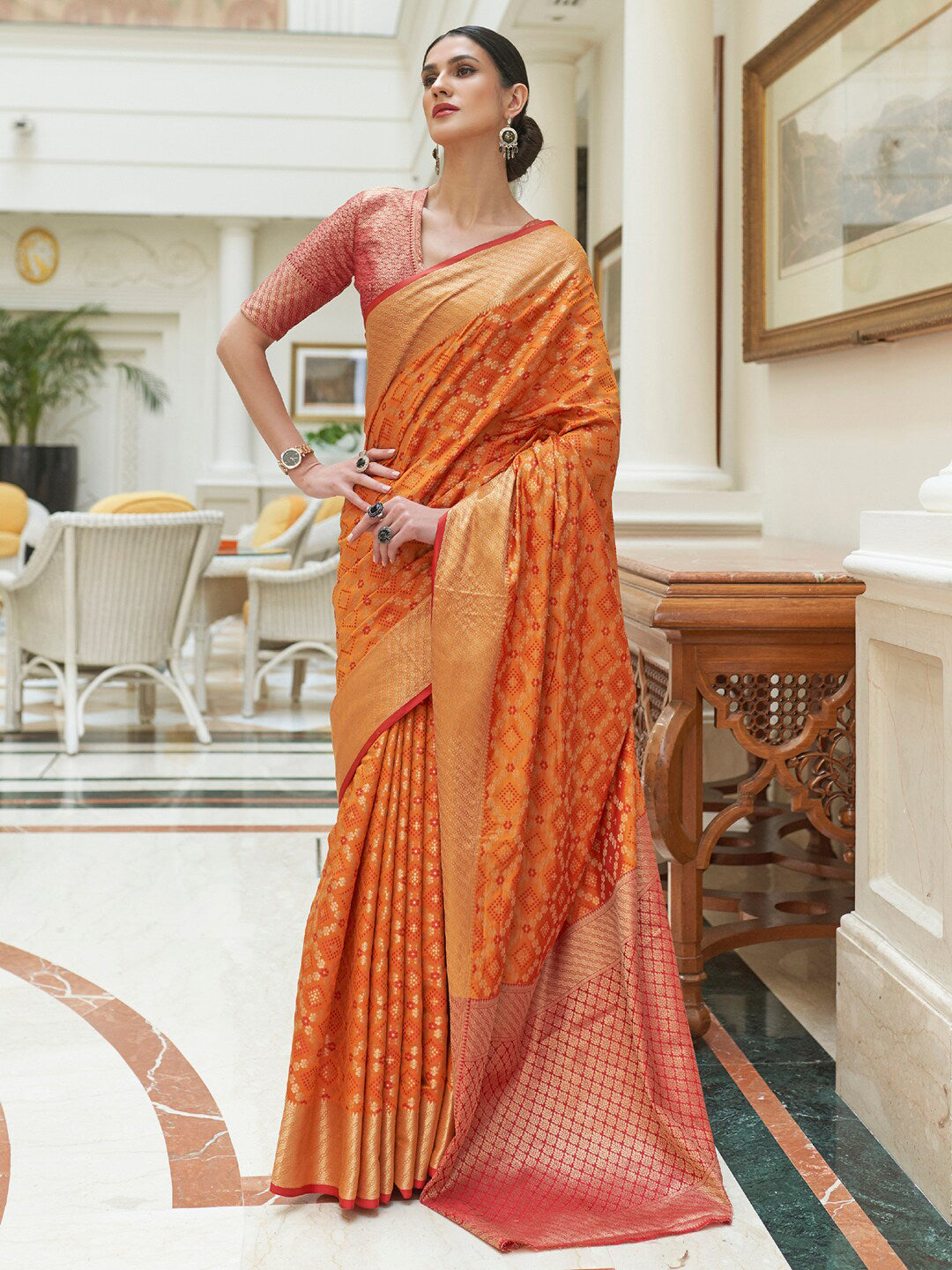 Mitera Women Mustard & Gold-Toned Woven Design Zari Silk Blend Patola Saree - Distacart