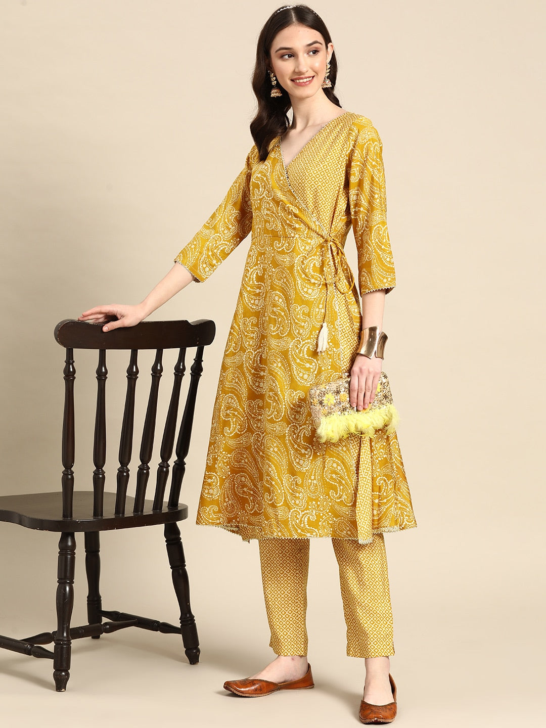 Sangria Women Mustard Yellow Ethnic Motifs Printed Angrakha Gotta Patti Kurta with Trousers - Distacart